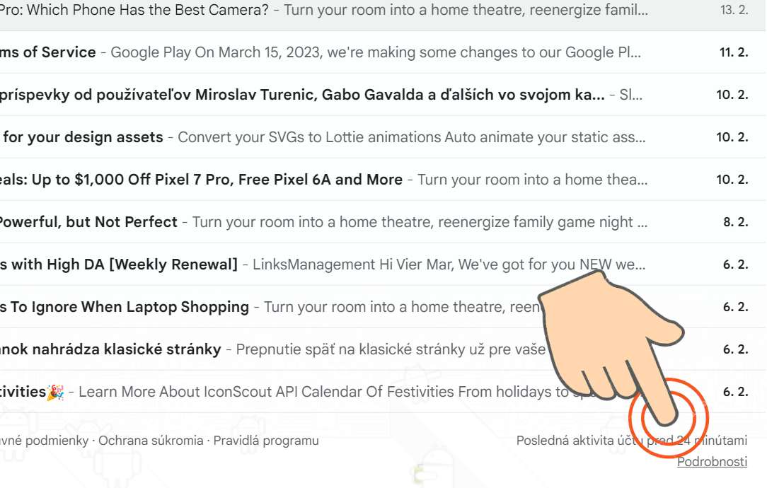 Zoznam poslednych prihlasenych zariadeni gmail