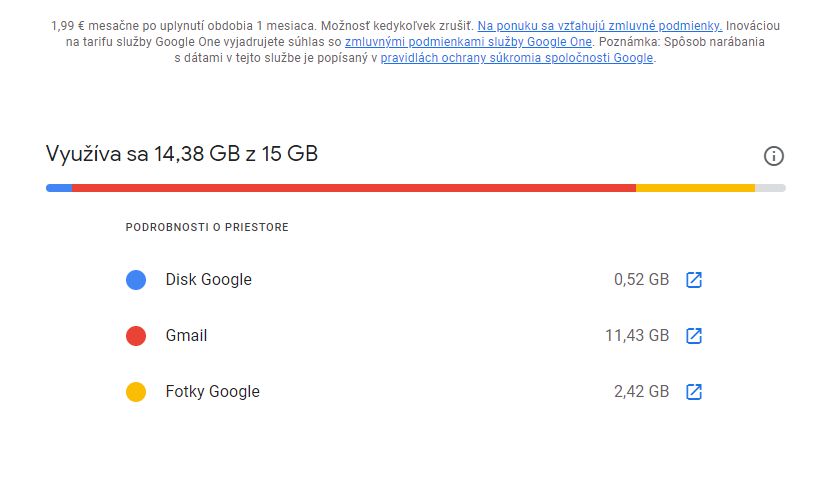 gmail informacie kolko dat zaberaju fotky a prilohy a emaily