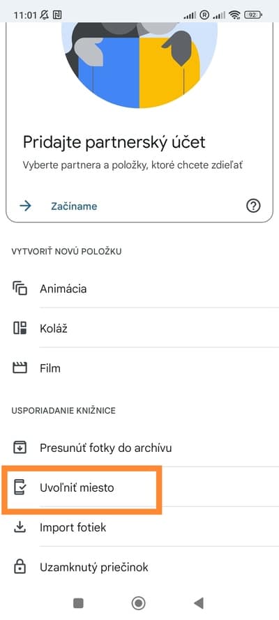 Uvoľniť priestor Fotky Google
