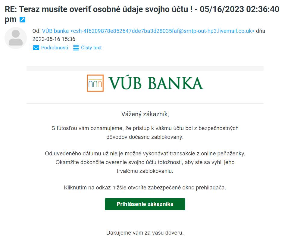 email od podvodnika vydavajuceho sa za VUB banku
