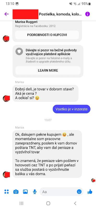 Pokus o podvod Facebook marketplace