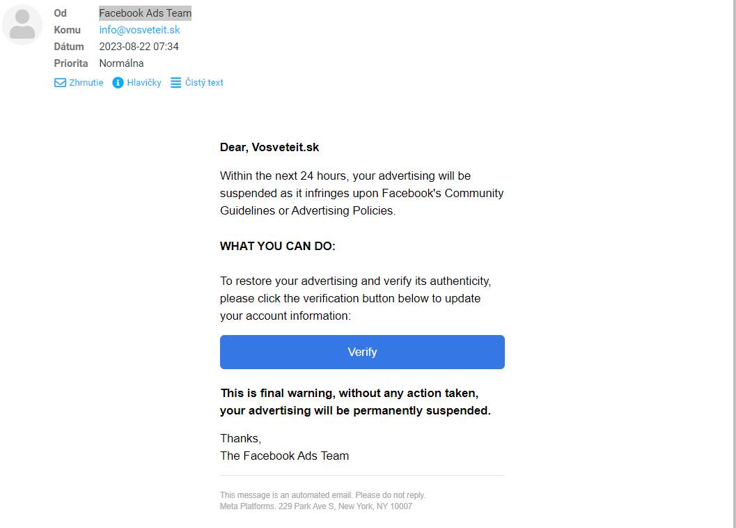 Podvodny e-mail vydavajuci sa za podporu Facebooku