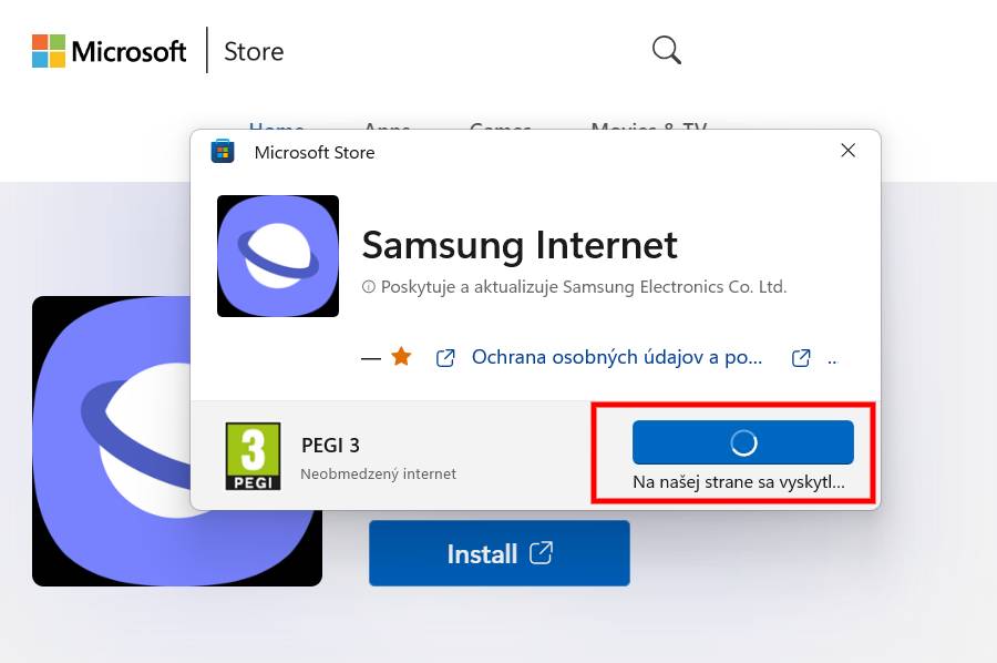 Samsung Internet chyba pri stahovani
