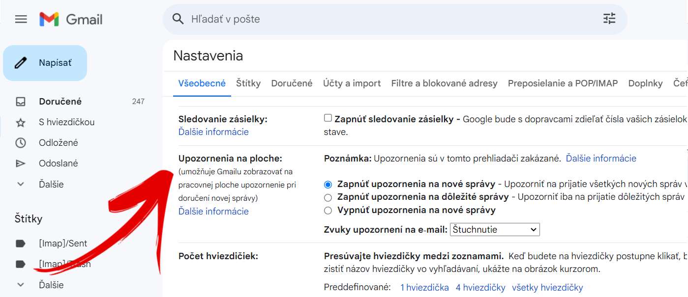 Upozornenia na e-maily na ploche Gmail funkcia