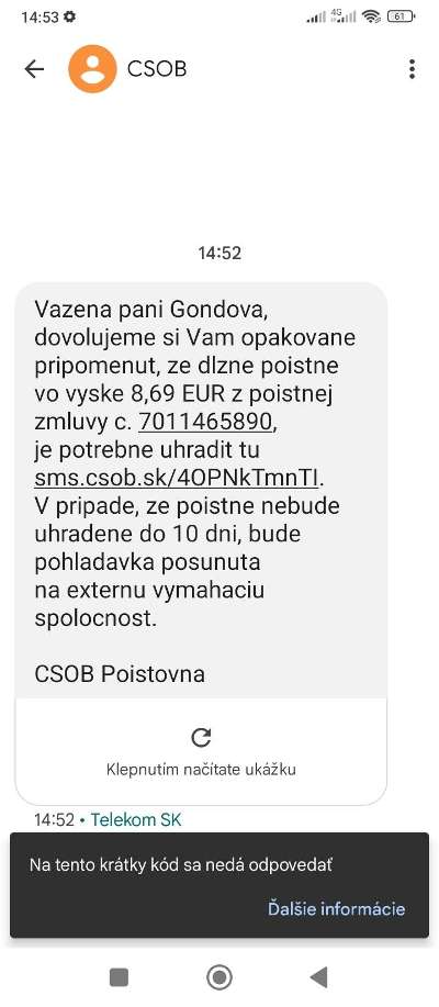 podvodna SMS zaplatenie poistky