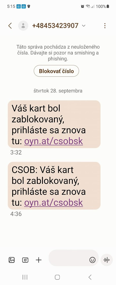 priklad podvodnej spravy o zablkovani bankovej karty