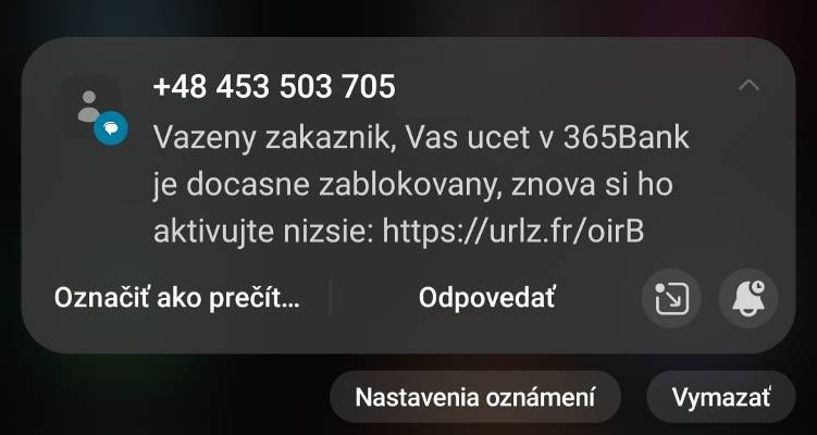priklad podvodnej spravy o zablokovani bankoveho uctu