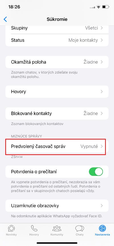súkromie, predvolený časovač