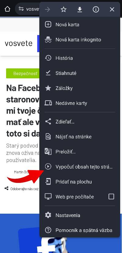 Funkcia prečítaj stranka v prehliadaci Chrome_2