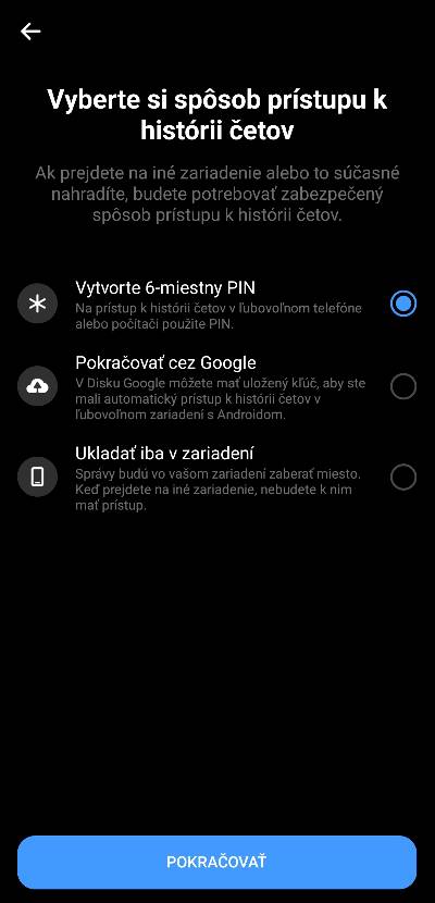 Messenger vytvorenia hesla PIN pre pristup k historii sprav