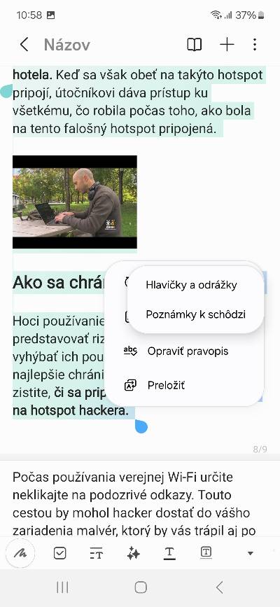 Samsung S24 AI funkcia sumarizacia textu v poznamkach a formatovanie_1