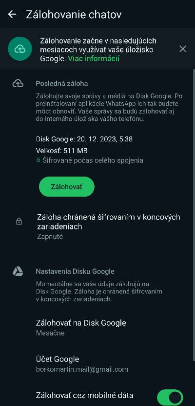 WhatsApp oznamenie ze zalohy sa budu ratat do Google disku