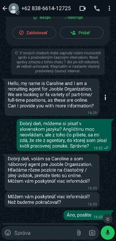 WhatsApp podvod s pracovnou ponuka_1