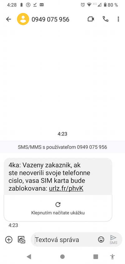 podvodna SMS sprava od operatora 4ka