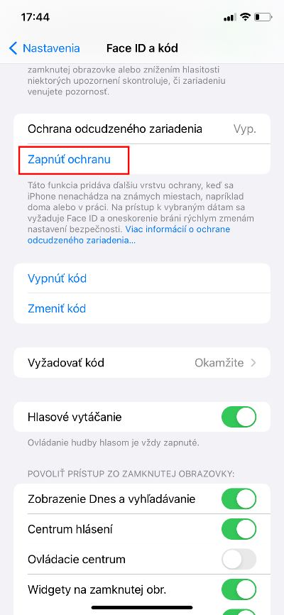 zapnutie funkcii pred krádežou ios