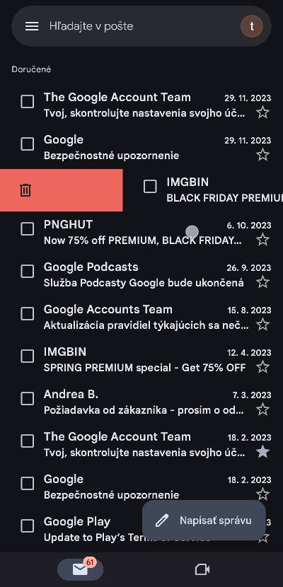 Gmail akcia po potiahnuti prsta