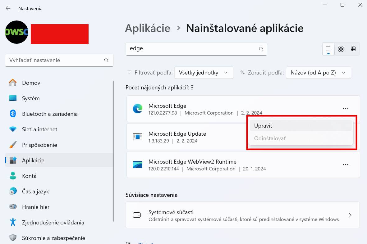 Microsoft Edge odstranenie z Windows