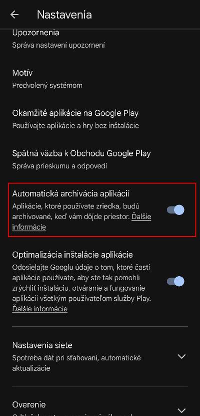 Obchod Play Automaticka archivacia aplikacii