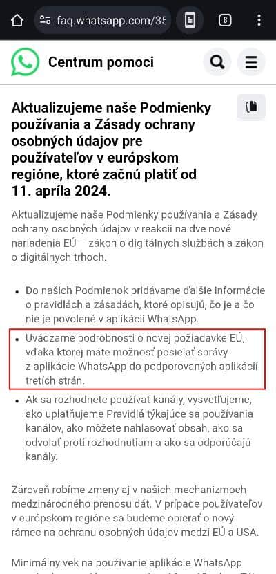 WhatsApp integracia tretich aplikacii oznam