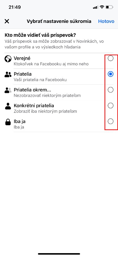 vybrať nastavenia súkromia