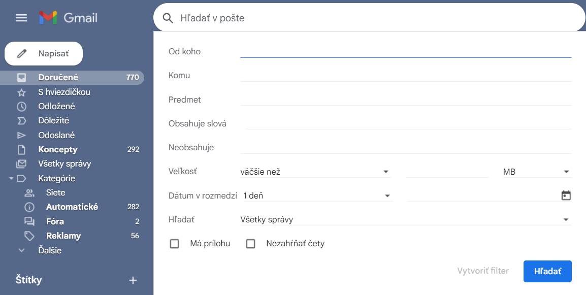 Gmail vyhladavacie okno