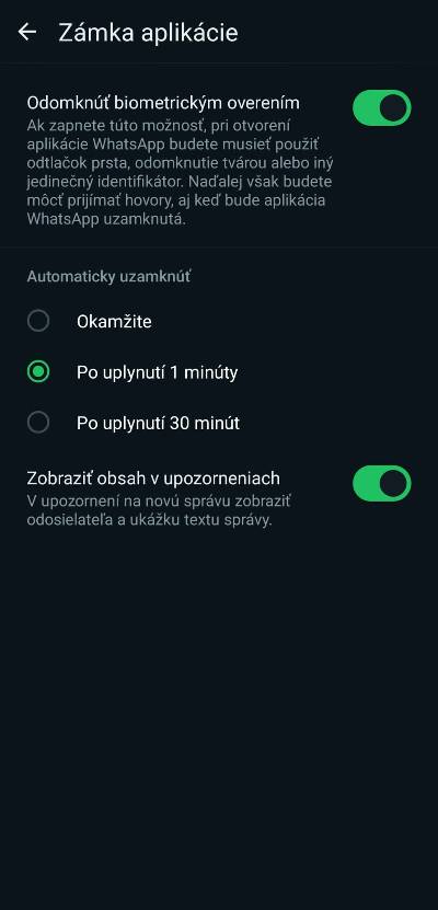 WhatsApp biometricke overenie