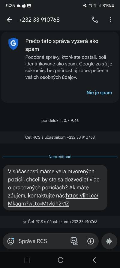 podvodna SMS sprava s ponukopu prace