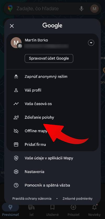 zdielanie polohy google mapy