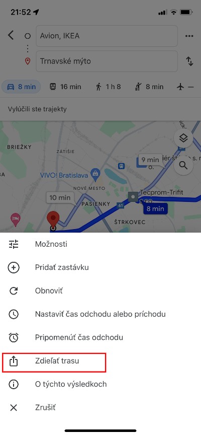 zdieľať trasu