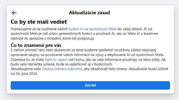 META upozornenie na FB AI funkcie pre Slovensko