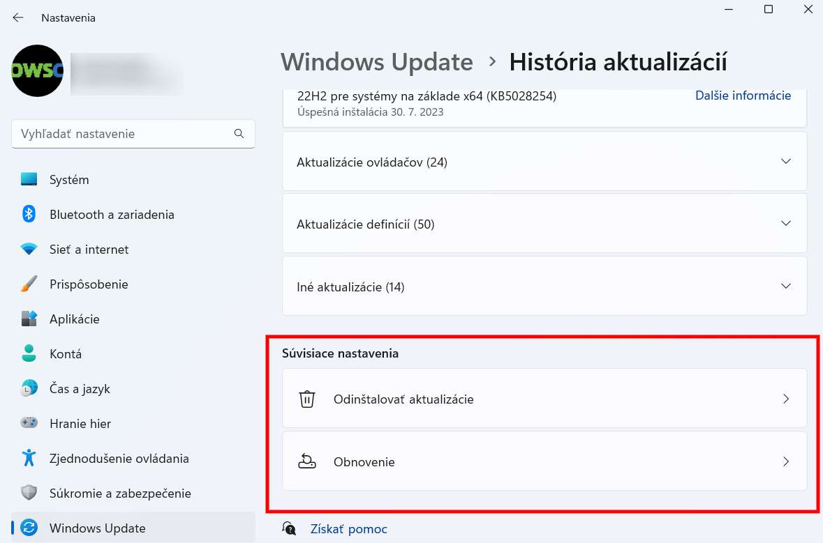 odinstalovanie aktualizacie windows
