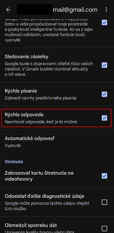 Gmail rychle odpovede v aplikacii