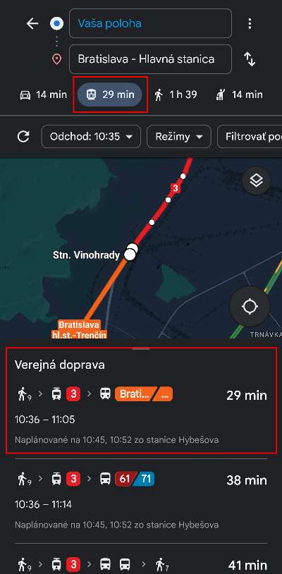 Google Mapy vyhladanie dopravnych spojov mestska hromadna doprava