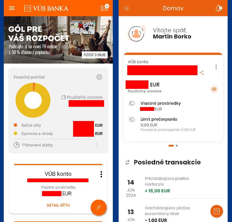 VUB banka porovnanie starej a novej aplikacie_hlavna karta
