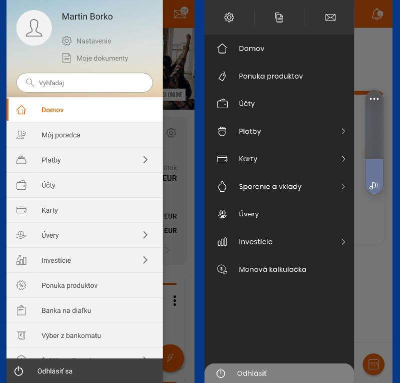 VUB banka porovnanie starej a novej aplikacie_nove menu