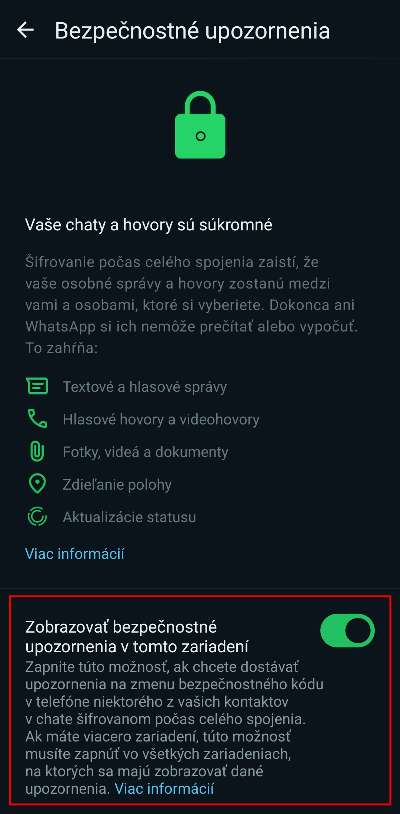 bezpecnostne upozornenie whatsaApp pri zmene zariadenia kontaktu