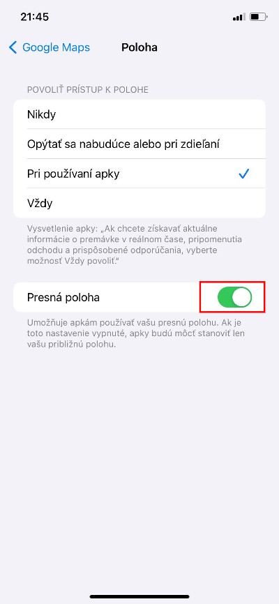 nastavenie presná poloha