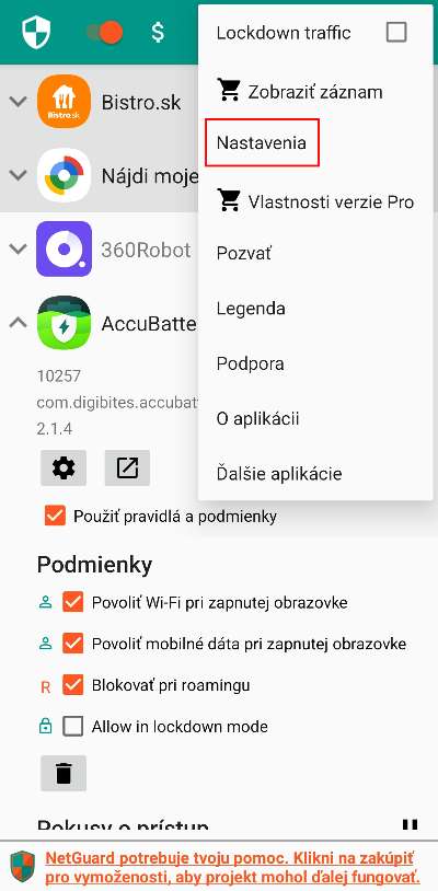 netguard ako zabranit aplikaciam k pristupu k internetu na pozadi smartfon navodi_2