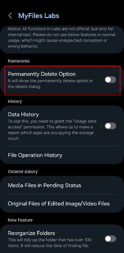 skryte menu v aplikacii moje subory v Samsung smartfone odstranenie suborov skryta funkcia