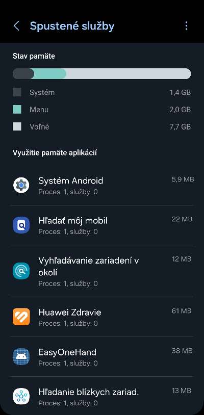 spustene aplikacie a sluzby v Android smartfone