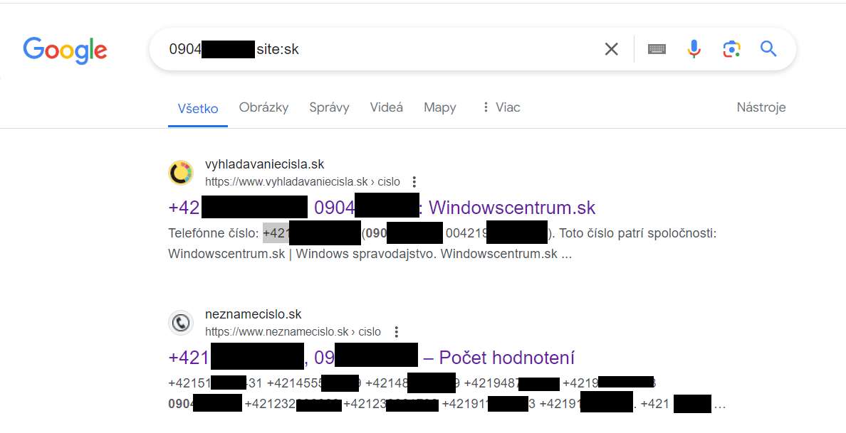vyhladanie cisla v Google