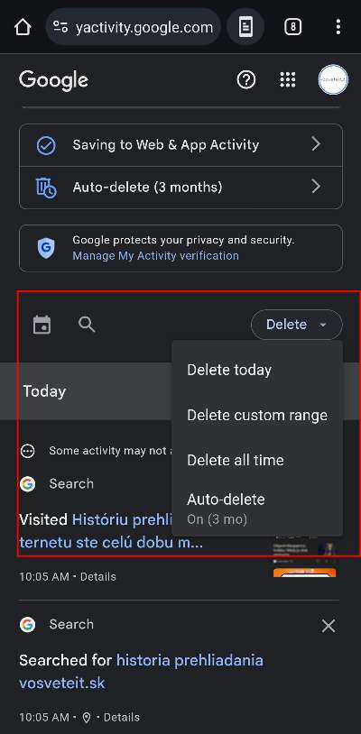 vymazanie historie aktivity google ucet