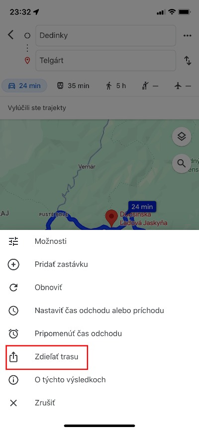 zdieľať trasu