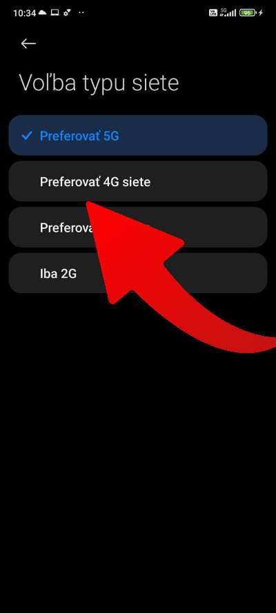 Zmena preferovanej siete z 5G na 4G LTE Xiaomi telefon
