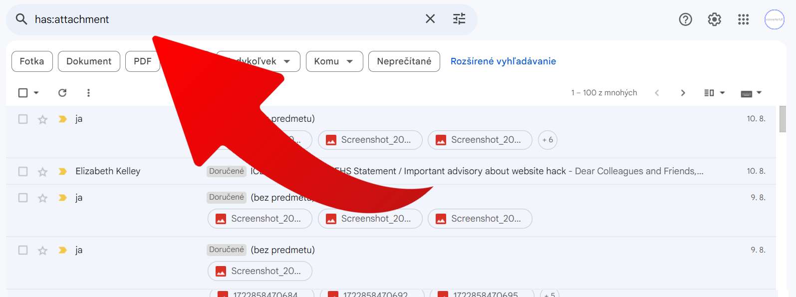 filtrovanie e-mailov podla toho ci maju prilohu