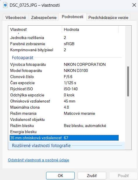 informacie o fotografii