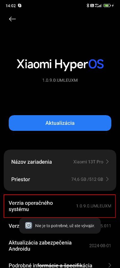 HyperOS Xiaomi vyvojarske nastavenia