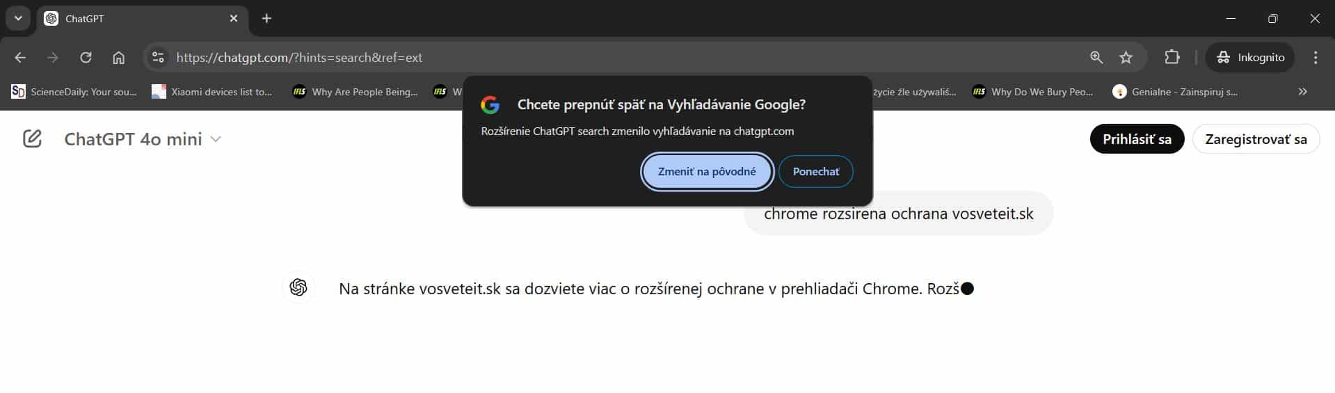 Chrome upozornenie zmena vyhladavaca