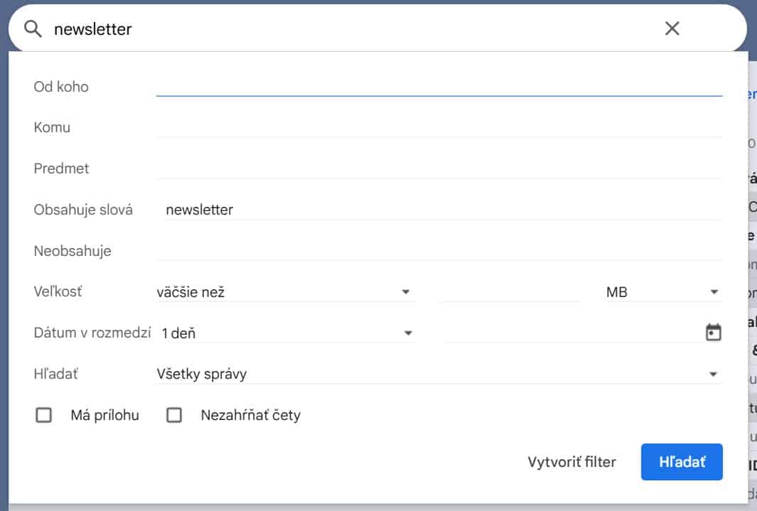 Gmail vyhladavanie emailov