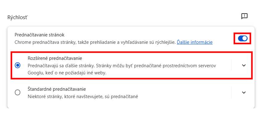 Google Chrome rozsirene prednacitavanie stranok